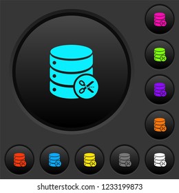 Database cut dark push buttons with vivid color icons on dark grey background