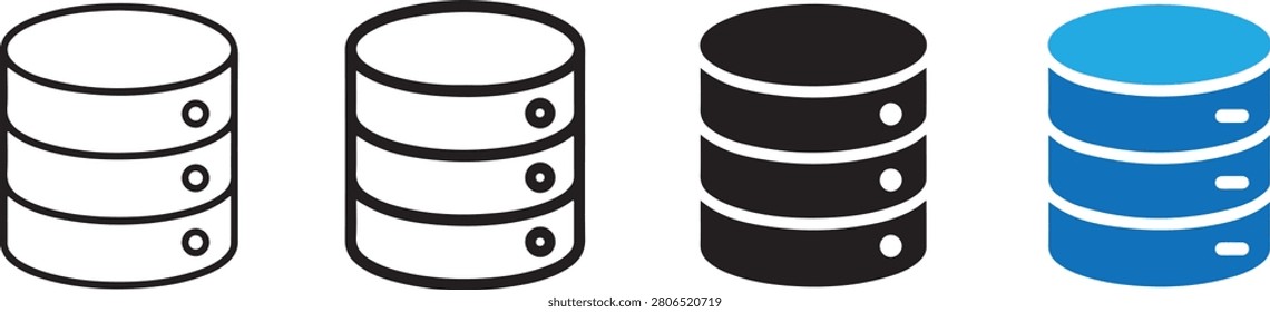 Database Cylinder Storage Icons Set Featuring Outline and Solid Glyph Icons for Server Hosting, Information Safekeeping, Mainframe Management, Digital Repositories, Systems Architecture, Information Infrastructure, Graphic Assets