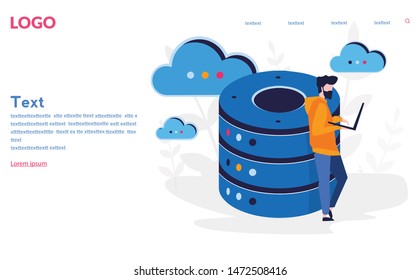 Database and data center, server room rack, cloud storage, Vector illustration for web banner, print, infographics, mobile website. Landing page template. Blockchain technology, engineer, 