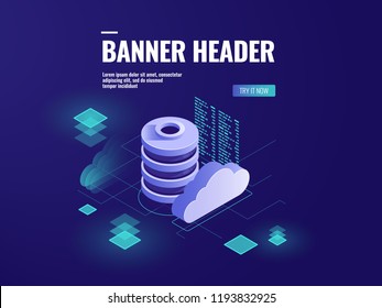 Database and data processing isometric icon vector, data center cloud storage, server room technology, programming and coding dark neon illustration Database and data processing isometric icon vector, data center cloud storage, server room technology, programming and coding dark neon illustration