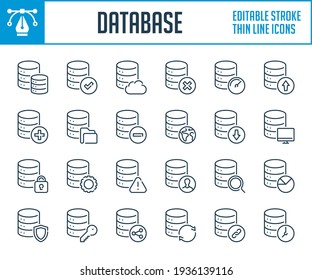 Database and Data services thin line icons. Hosting server and Online storage equipment outline icon set. Editable stroke icons.