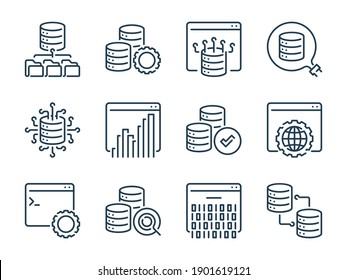 Database and Data storage related vector line icons. Network database services outline icon set.