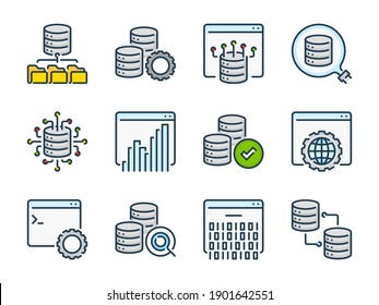 Database and Data storage related vector line color icons. Network database services outline colorful icon set.