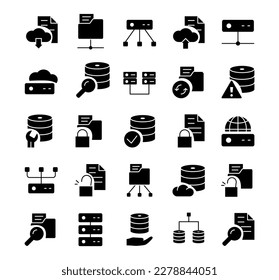 Database and data technology black icons set. Collection of documents in cloud and estorage. Searching for information on Internet. Cartoon flat vector illustrations isolated on white background