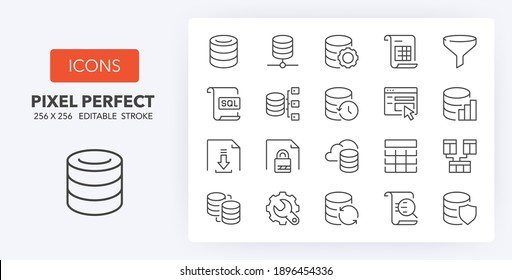 Database and data technology concepts. Thin line icon set. Outline symbol collection. Editable vector stroke. 256x256 Pixel Perfect scalable to 128px, 64px...