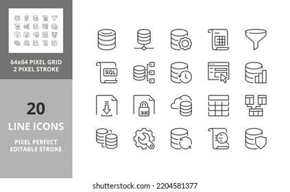 Database and data technology concepts. Thin line icon set. Outline symbol collection. Editable vector stroke. 64 and 256 Pixel Perfect scalable to 128px