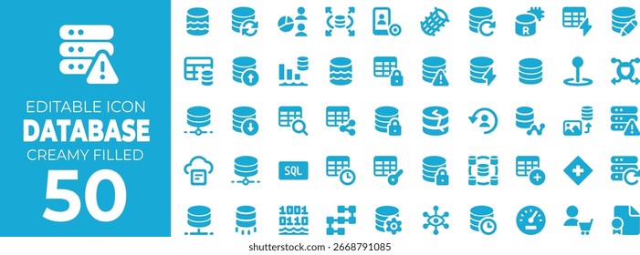 Conjunto de ícones preenchidos por banco de dados, dados e tecnologia