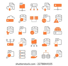 Database and data technology line icons set. Personal data protection and corporate server concept. Electronic storage and archive. Cartoon flat vector illustrations isolated on white background