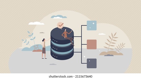 Database design as file system category organization tiny person concept. Information structure in hardware drives for easy folder search and user friendly usage vector illustration. Disk management.