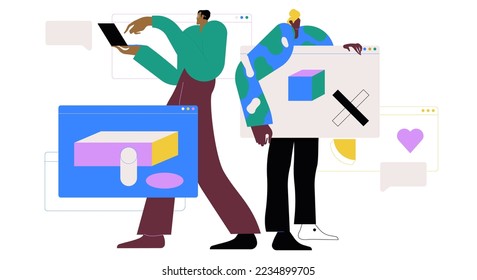 Desarrollo de bases de datos, concepto de administración. Los ingenieros de software trabajan con big data.  Ilustración vectorial gráfica plana aislada en fondo blanco