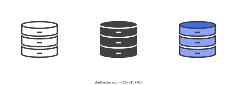 Database different style icon set. Line, glyph and filled outline colorful version, outline and filled vector sign. Data center symbol, logo illustration. Vector graphics