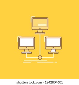 database, distributed, connection, network, computer Flat Line Filled Icon. Beautiful Logo button over yellow background for UI and UX, website or mobile application