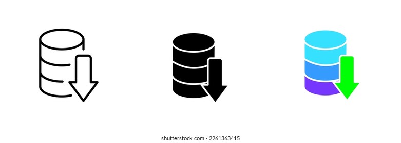 Database with down arrow. Download, data storage, order the information, table, spreadsheet. Vector set icon in line, black and colorful styles isolated on white background