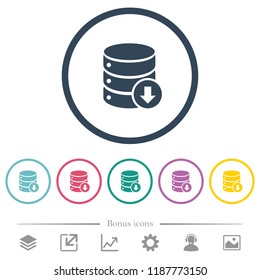 Database down flat color icons in round outlines. 6 bonus icons included.