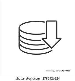 Esquema del icono de descarga de la base de datos. Diseño vectorial de icono de descarga de bases de datos. aislado en fondo blanco