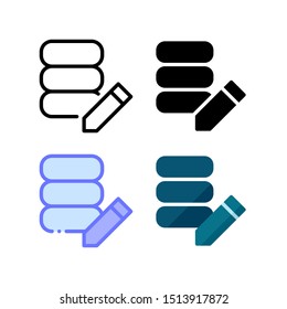 Database edit icon. With outline, glyph, filled outline and flat style