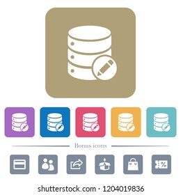 Database edit white flat icons on color rounded square backgrounds. 6 bonus icons included