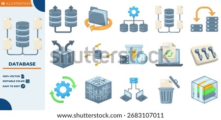 Database Editable illustration set. Vector illustration in modern style of Database, Data, Storage, System, Server, Cloud etc