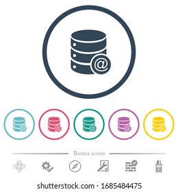 Database email flat color icons in round outlines. 6 bonus icons included.
