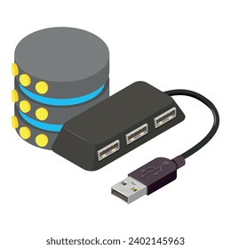Database equipment icon isometric vector. Network database disc and usb splitter. Data storage, cryptocurrency concept