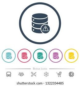 Database error flat color icons in round outlines. 6 bonus icons included.