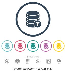 Database filter flat color icons in round outlines. 6 bonus icons included.
