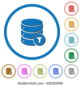 Database filter flat color vector icons with shadows in round outlines on white background