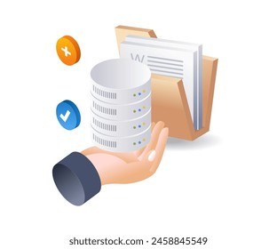 Database folder above hand technology infographic flat isometric 3d illustration