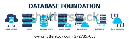 Database Foundation web banner icon vector illustration concept with icons of cloud database, server infrastructure, database startup, online server, cloud server, data server, and cloud computing.