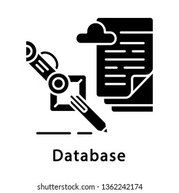 Database glyph icon. Data collecting and processing. Robotic process automation. Robot hand writing text with pen. RPA. Silhouette symbol. Negative space. Vector isolated illustration
