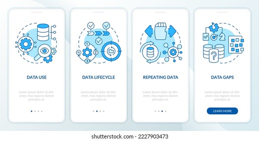 Estrategia de gobernanza de la base de datos pantalla azul de aplicación móvil incorporada. Recorrido 4 pasos instrucciones gráficas editables con conceptos lineales. UI, UX, plantilla GUI. Multitud de tipos de letra Pro-Bold, con uso regular