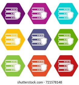 Database with gray shield icon set many color hexahedron isolated on white vector illustration