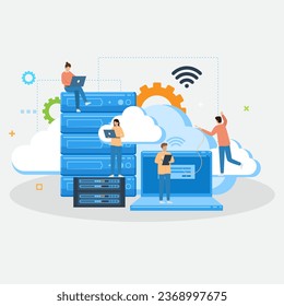 Database Hybrid cloud Landing Page Template. Man Character Hold Shield Protecting Server Or Hard Disks. Secured App Or User Data, Information and Files. Cartoon People Vector Illustration