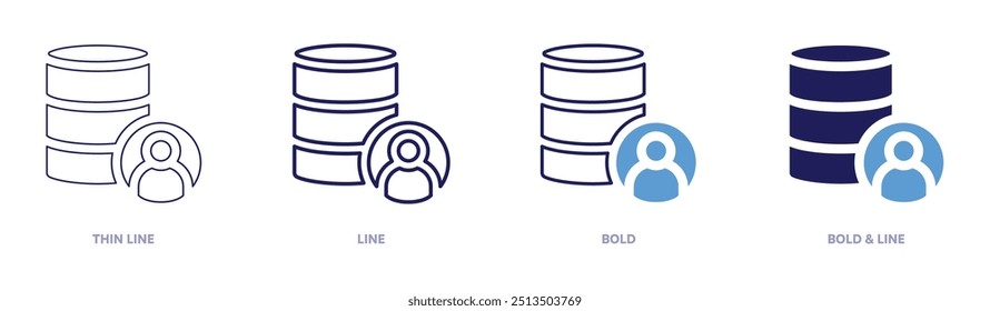 Ícone do banco de dados em 4 estilos diferentes. Linha fina, Linha, Negrito e Linha Negrito. Estilo duotônico. Traçado editável.