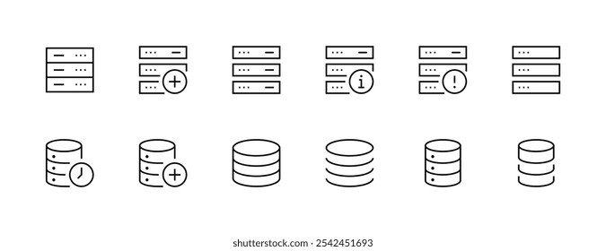 Coleção de ícones do banco de dados. Conjunto de ícones do servidor. Armazenamento, nuvem, computação, servidor Web, hospedagem, data center e muito mais. Traçado editável. Pixel perfeito. Grade de 32px.