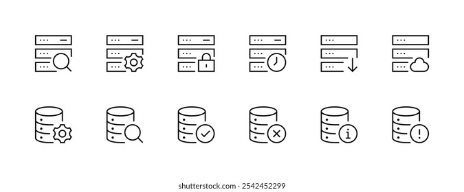 Coleção de ícones do banco de dados. Conjunto de ícones do servidor. Armazenamento, nuvem, computação, servidor Web, hospedagem, data center, dispositivo e muito mais. Traçado editável. Pixel perfeito. Grade de 32px.