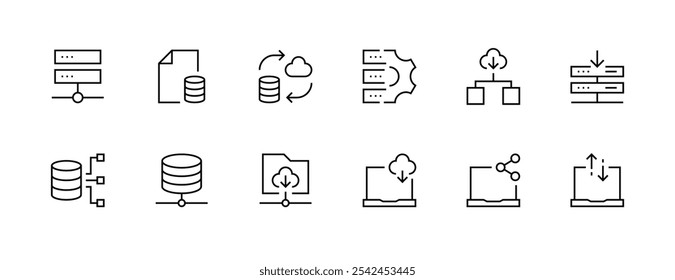 Coleção de ícones do banco de dados. Conjunto de ícones do servidor. Armazenamento, nuvem, computação, servidor Web, hospedagem, data center, backup, dispositivo e muito mais. Traçado editável. Pixel perfeito. Grade de 32px.