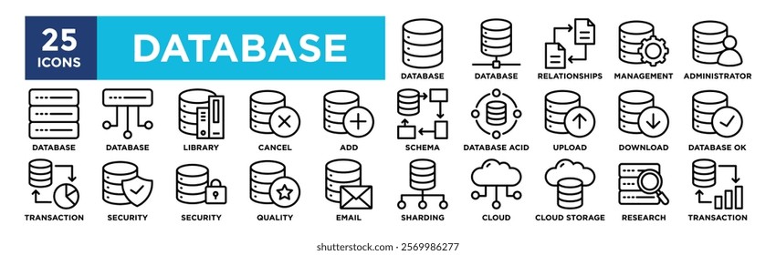 Database icon collection set. Containing design, Database Relationships, Database Management, Database Administrator