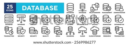 Database icon collection set. Containing design, Database Relationships, Database Management, Database Administrator