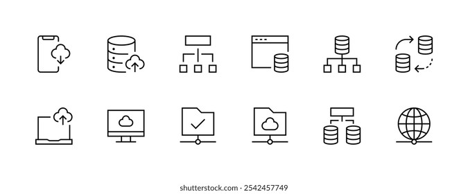 Coleção de ícones do banco de dados. Conjunto de ícones de armazenamento. Armazenamento, nuvem, computação, servidor Web, hospedagem, data center e muito mais. Traçado editável. Pixel perfeito. Grade de 32px.