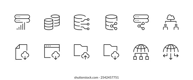 Coleção de ícones do banco de dados. Conjunto de ícones de armazenamento. Armazenamento, nuvem, computação, servidor Web, hospedagem, data center e muito mais. Traçado editável. Pixel perfeito. Grade de 32px.