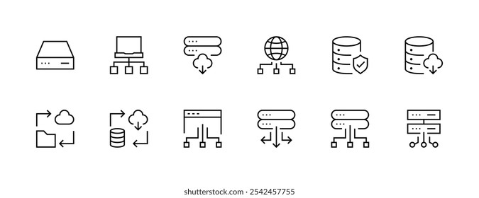 Coleção de ícones do banco de dados. Conjunto de ícones de armazenamento. Armazenamento, nuvem, computação, servidor Web, hospedagem, data center e muito mais. Traçado editável. Pixel perfeito. Grade de 32px.