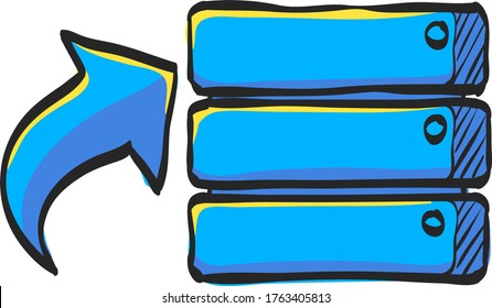 Database icon in color drawing. Hardisk, upload, file, server, web hosting