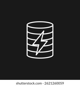 Database Icon with Lightning Bolt White Line Art on Black for Energy Storage and Tech Concepts