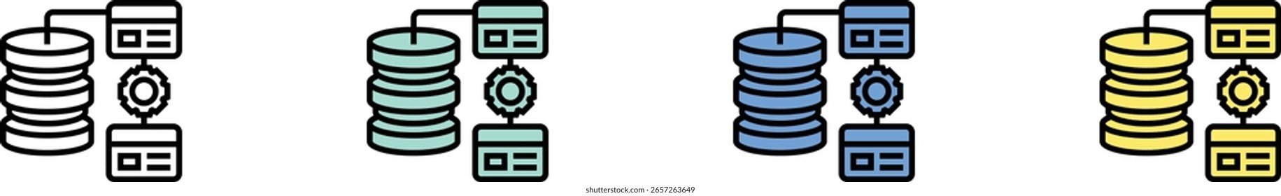 icono de base de datos. Esquema, diseño de estilo verde, azul y amarillo aislado sobre fondo blanco