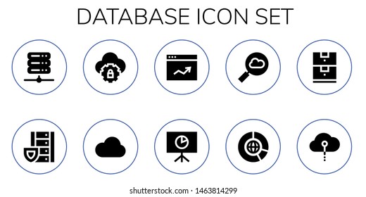 database icon set. 10 filled database icons.  Collection Of - Server, Cloud computing, Cloud, Analytics, Big data, Data storage