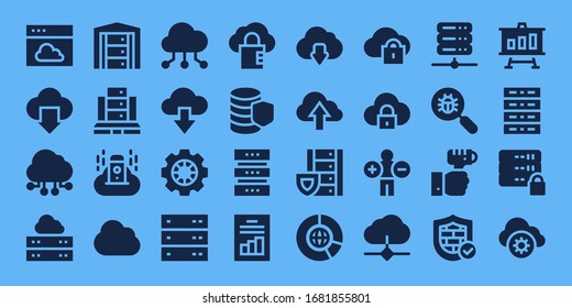 database icon set. 32 filled database icons. Included Cloud, Cloud computing, Server, Data, Database, Analytics, Cloud download, Big data, Virus search, Technology, Firewall icons