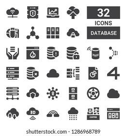 Database Icon Set. Collection Of 32 Filled Database Icons Included Analytics, Rack, Cloud, Computing Cloud, Data Protection, Server, Sharing, Cloud Computing, Shared, Hosting