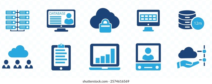 database, ICON SET . Containing cloud computing, server, domain, firewall, internet, FTP, database, SSL, data hosting and more.