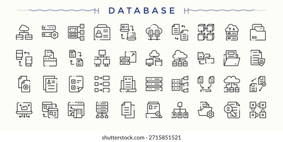 Datenbank-Symbolsatz. Paket mit minimalistischen Symbolen. Vektorgrafik-Kollektionen. Symbolsammlung zentrieren. Es enthält Symbole für Hosting, Daten, Rechenzentrum, Cloud-Daten, Host, Analytics und mehr.